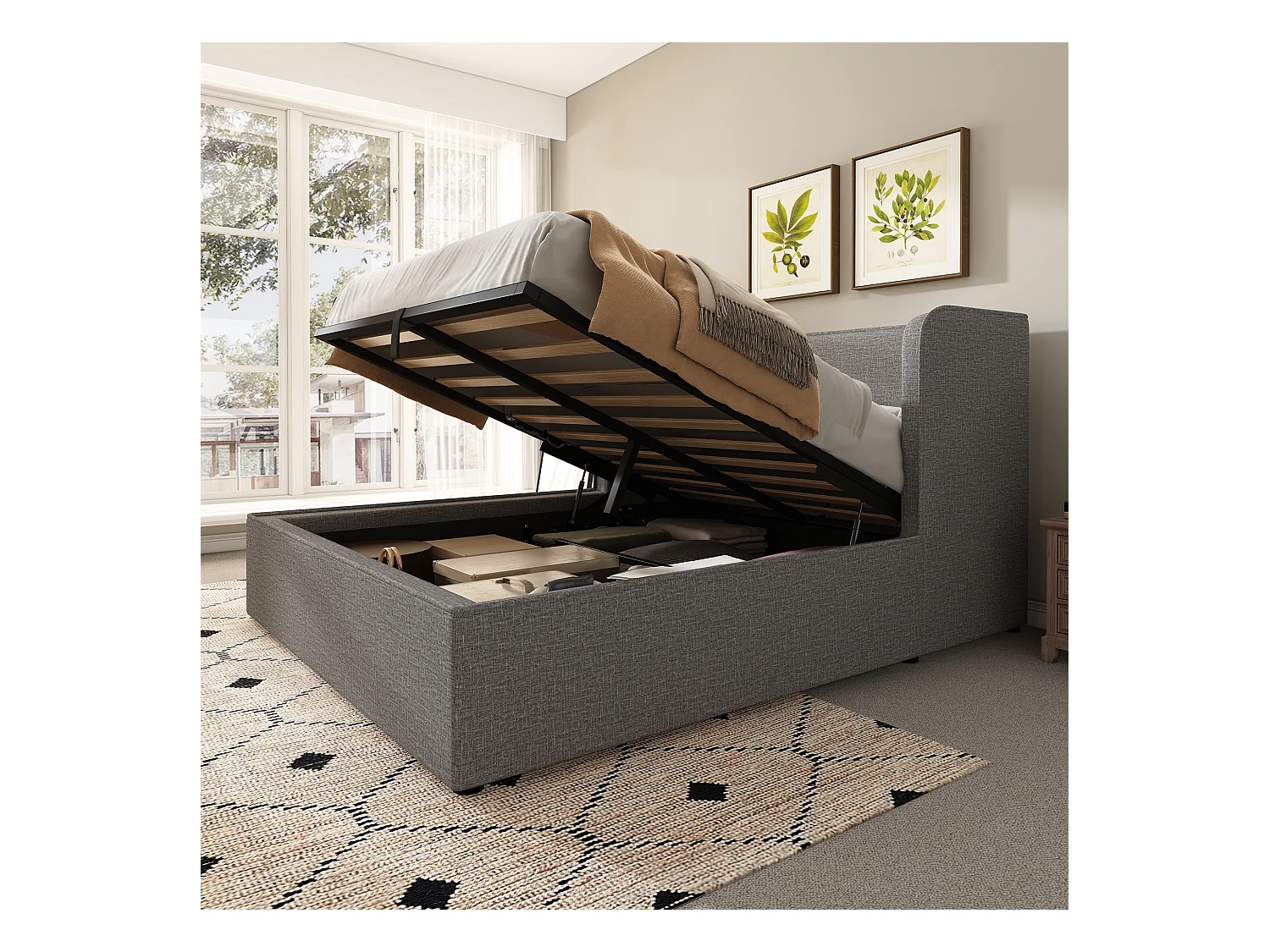 Tweepersoonsbed 160x200 met leeslamp en USB Type-C-oplader, beige-wit linnen frame, massief hout en metaal (217x232x89 cm)