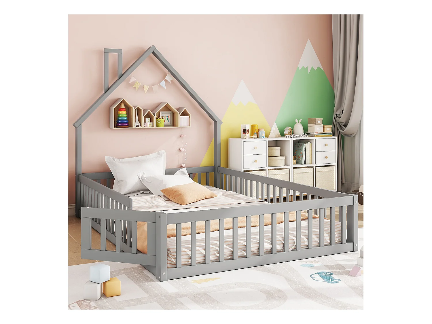 Lit pour enfant 140 x 200 cm, avec design cheminée, bois de pin, style minimaliste, gris (205x145x163.7 cm)