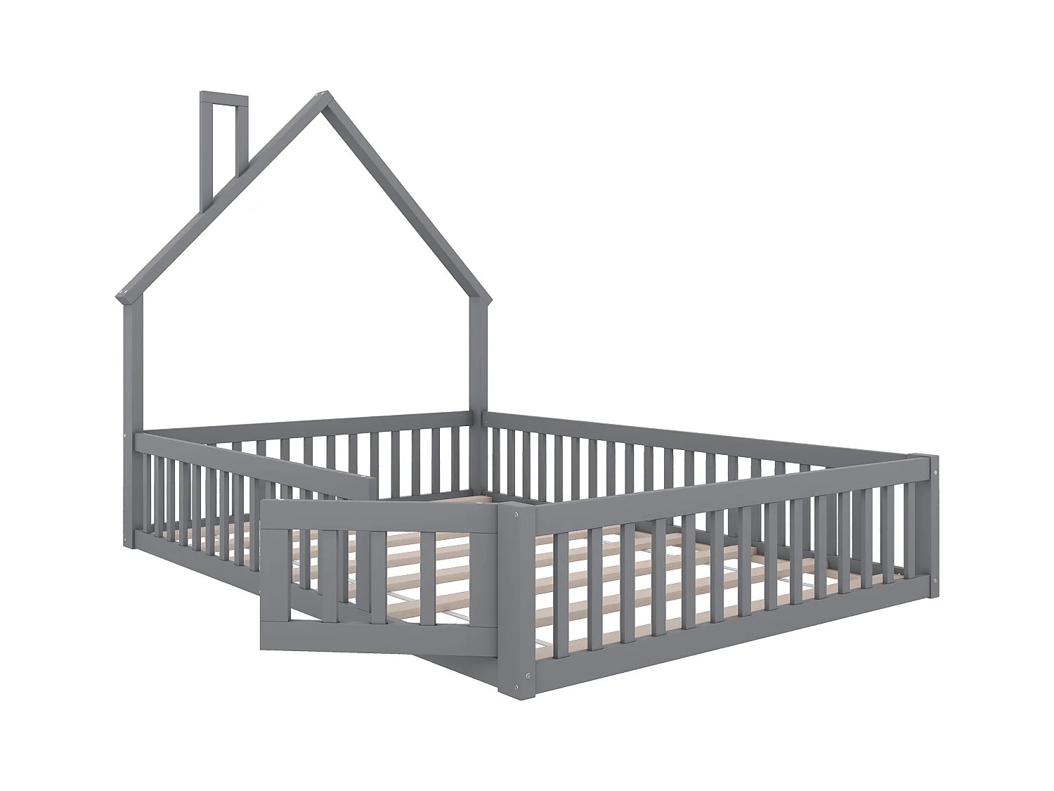 Lit pour enfant 140 x 200 cm, avec design cheminée, bois de pin, style minimaliste, gris (205x145x163.7 cm)