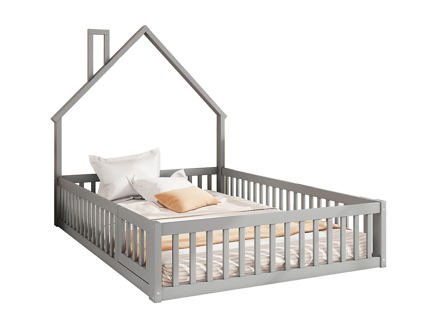 Lit pour enfant 140 x 200 cm, avec design cheminée, bois de pin, style minimaliste, gris (205x145x163.7 cm)