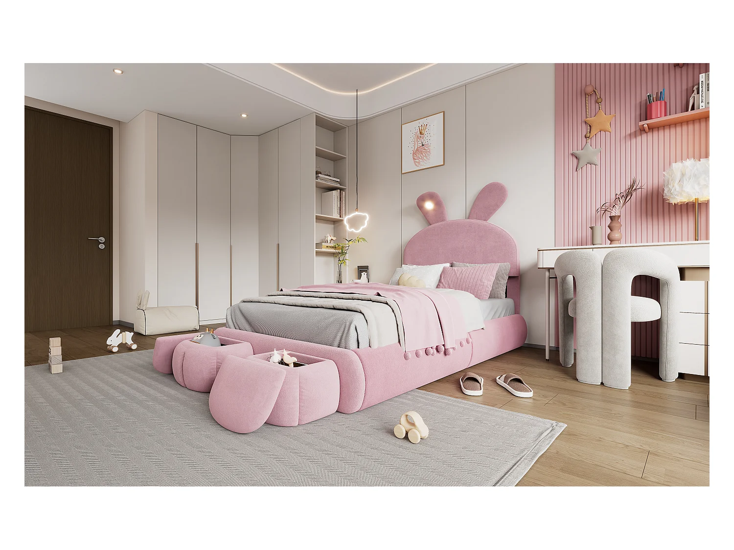 Lit avec oreilles de lapin, LED ajustable, rangement et deux tabourets, en velours rose, 90x200 cm (237x104x135 cm)