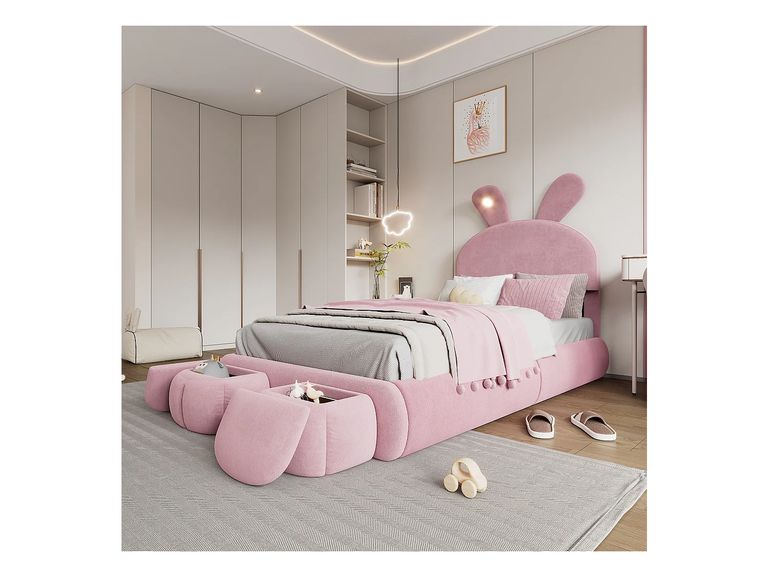 Lit avec oreilles de lapin, LED ajustable, rangement et deux tabourets, en velours rose, 90x200 cm (237x104x135 cm)