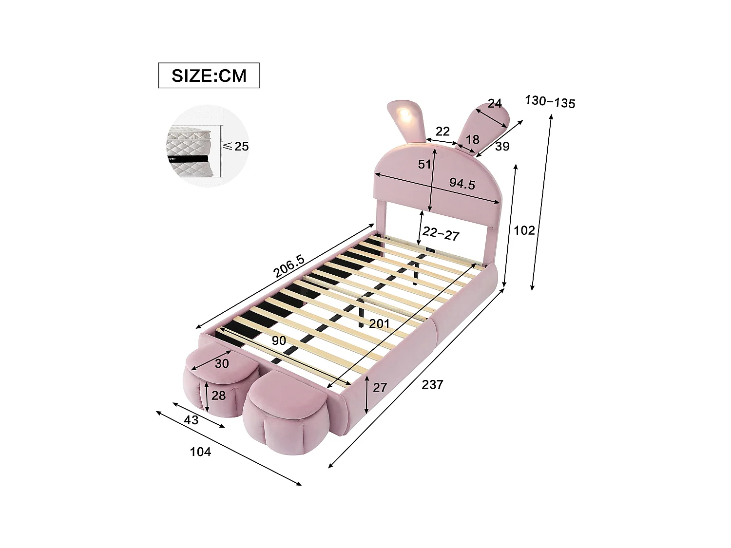 Lit avec oreilles de lapin, LED ajustable, rangement et deux tabourets, en velours rose, 90x200 cm (237x104x135 cm)
