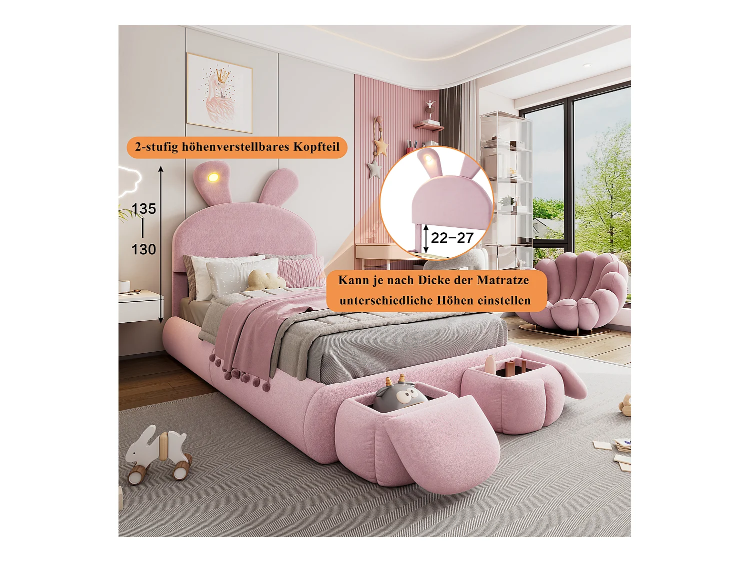 Lit avec oreilles de lapin, LED ajustable, rangement et deux tabourets, en velours rose, 90x200 cm (237x104x135 cm)