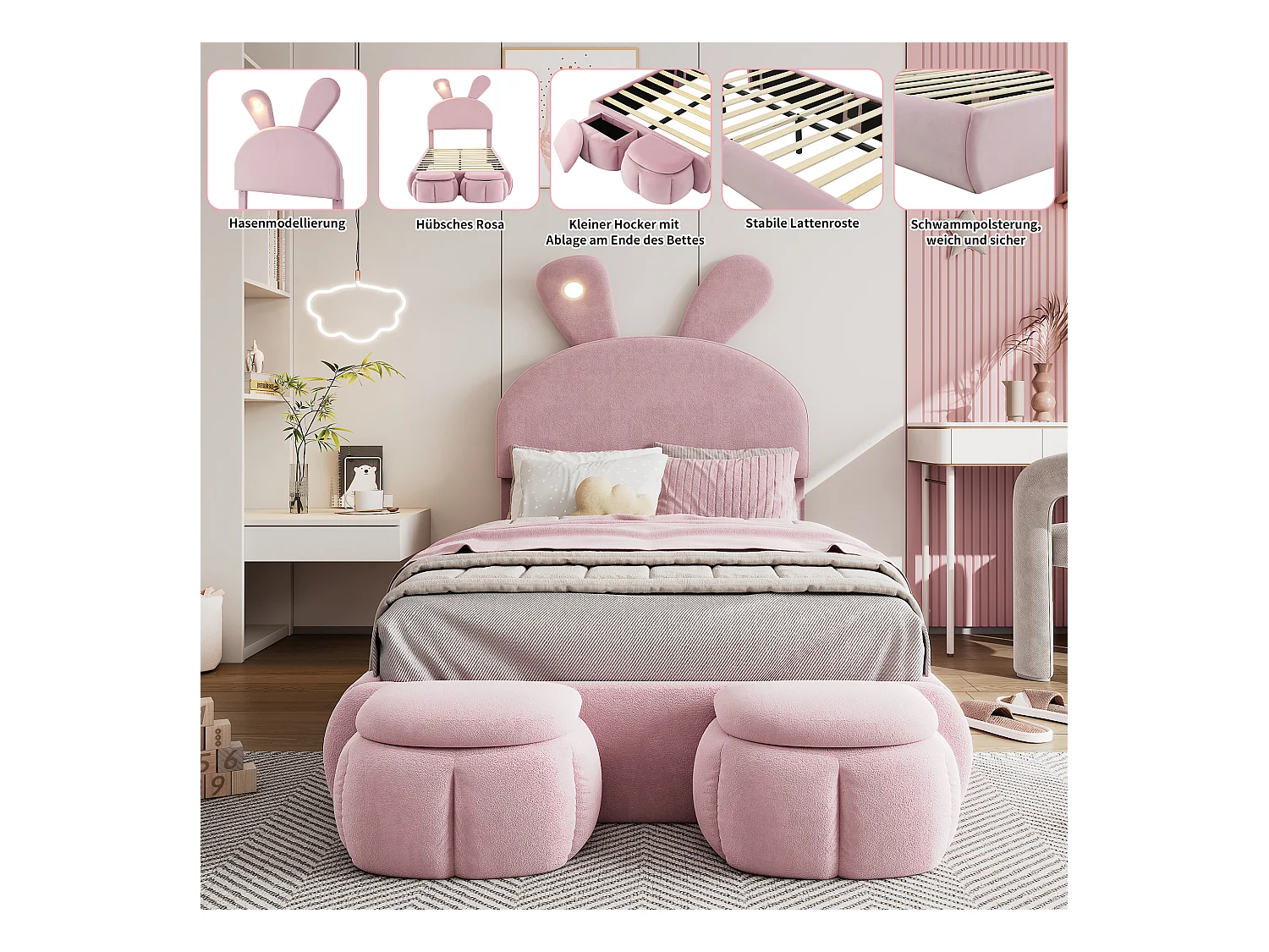 Lit avec oreilles de lapin, LED ajustable, rangement et deux tabourets, en velours rose, 90x200 cm (237x104x135 cm)
