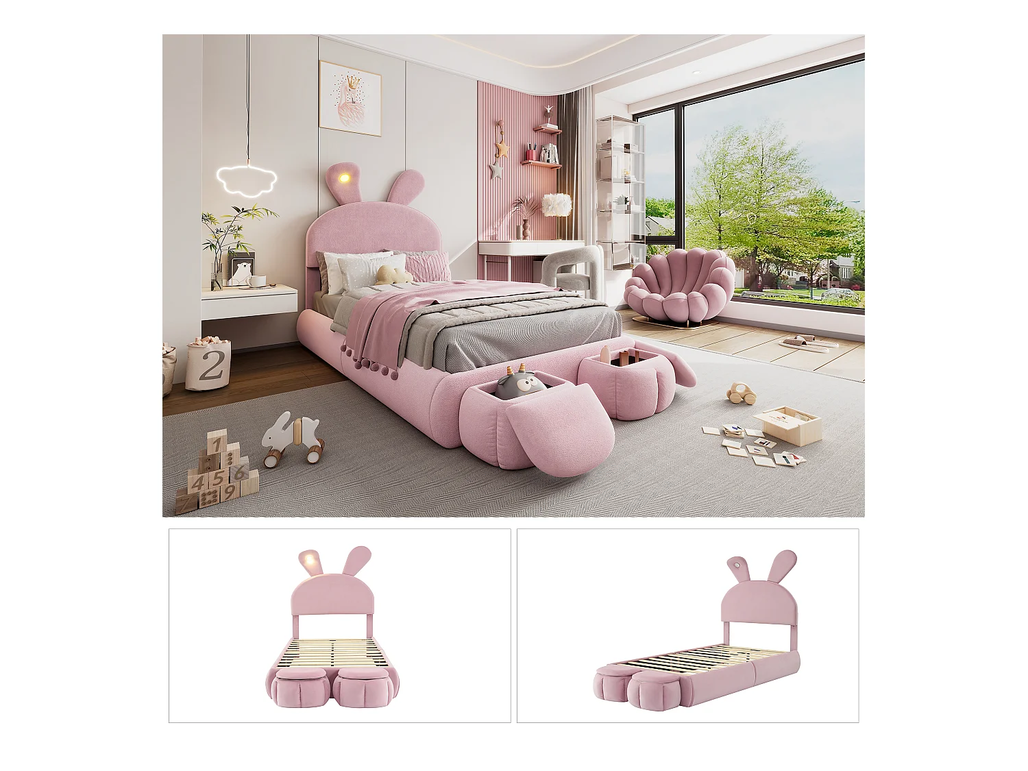 Lit avec oreilles de lapin, LED ajustable, rangement et deux tabourets, en velours rose, 90x200 cm (237x104x135 cm)