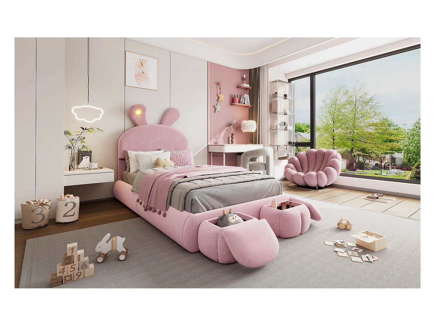 Lit avec oreilles de lapin, LED ajustable, rangement et deux tabourets, en velours rose, 90x200 cm (237x104x135 cm)