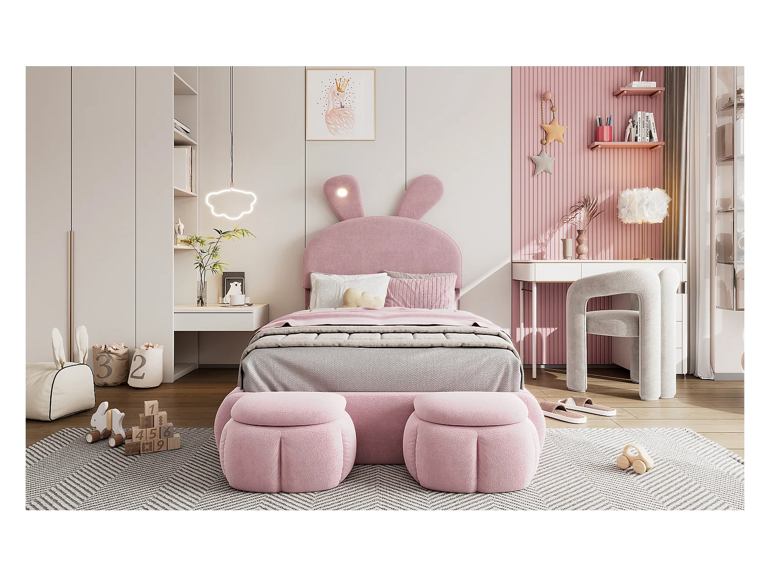 Lit avec oreilles de lapin, LED ajustable, rangement et deux tabourets, en velours rose, 90x200 cm (237x104x135 cm)