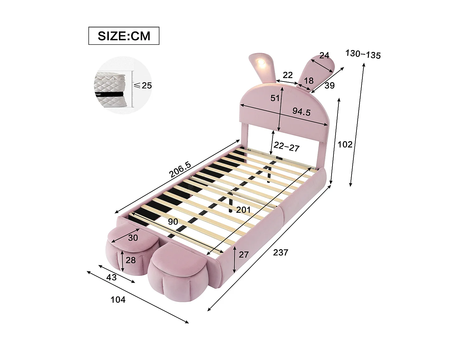 Lit avec oreilles de lapin, LED ajustable, rangement et deux tabourets, en velours rose, 90x200 cm (237x104x135 cm)