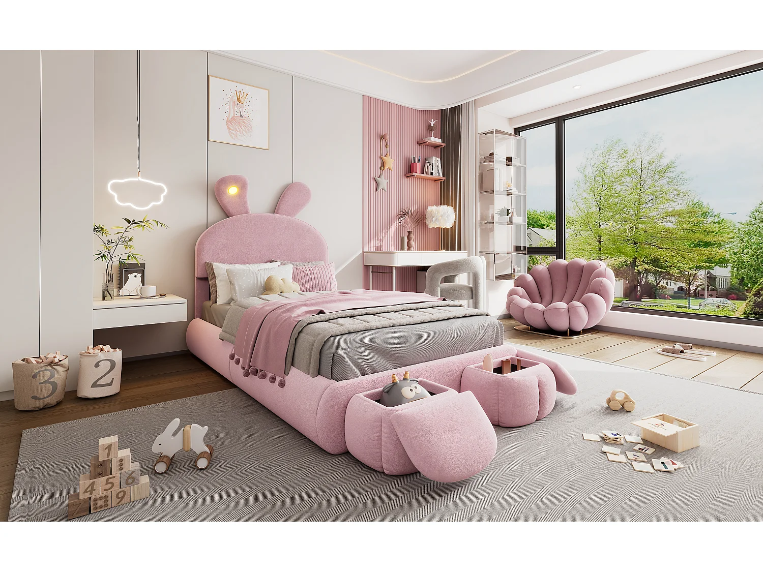 Lit avec oreilles de lapin, LED ajustable, rangement et deux tabourets, en velours rose, 90x200 cm (237x104x135 cm)