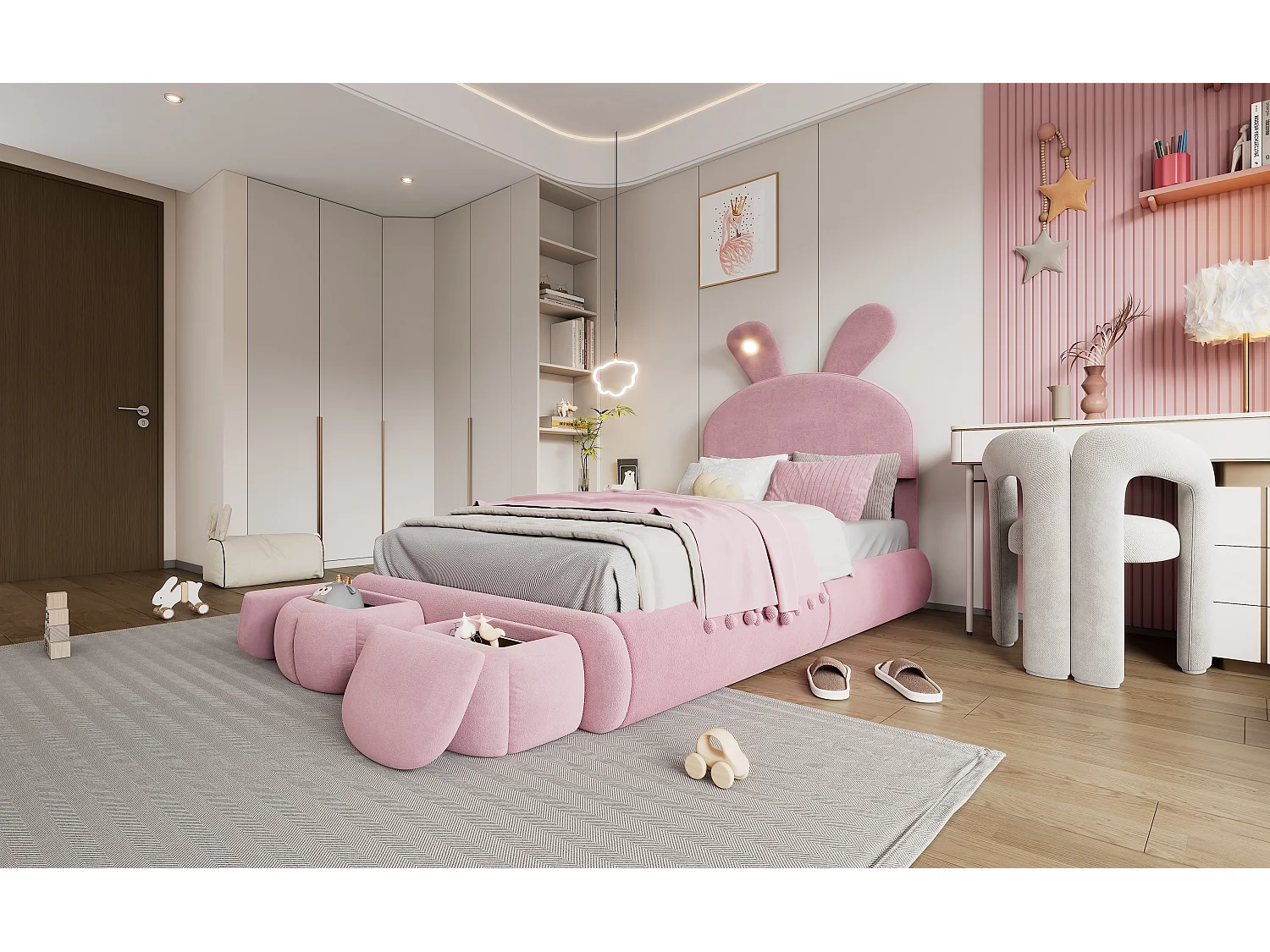Lit avec oreilles de lapin, LED ajustable, rangement et deux tabourets, en velours rose, 90x200 cm (237x104x135 cm)