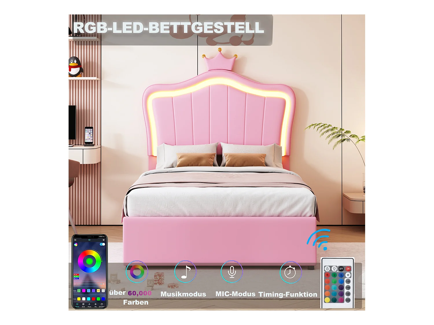 Lit enfant en similicuir 90x200 cm, design couronne, rangement hydraulique, tête de lit ajustable, éclairage LED, rose (203.5x90x120.5 cm)