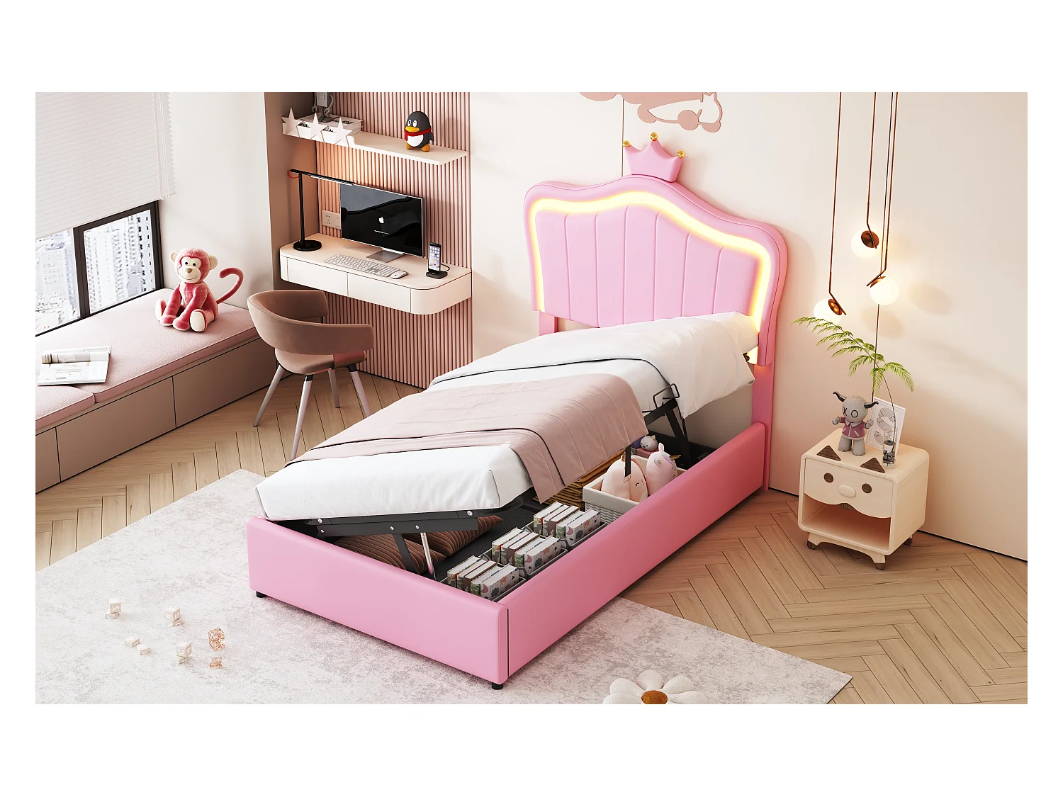 Lit enfant en similicuir 90x200 cm, design couronne, rangement hydraulique, tête de lit ajustable, éclairage LED, rose (203.5x90x120.5 cm)