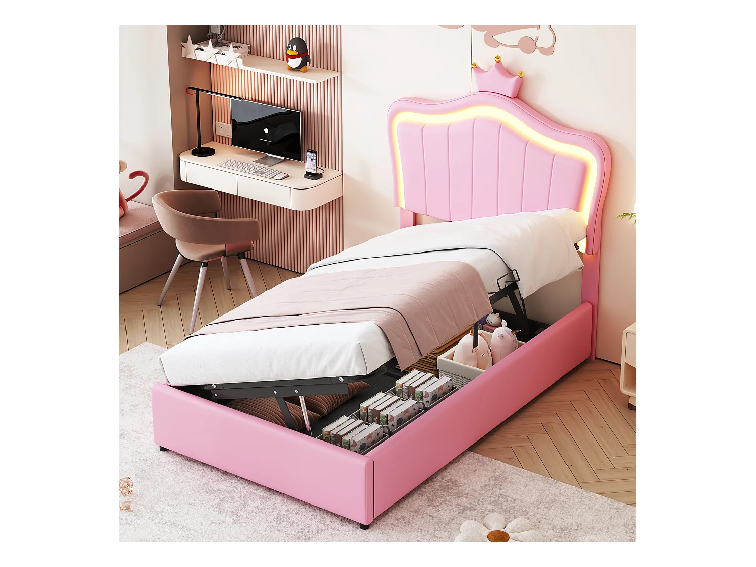 Cama infantil de piel sintética de 90 x 200 cm, diseño de corona, compartimento hidráulico, cabecero regulable, iluminación LED, color rosa (203,5 x 90 x 120,5 cm)