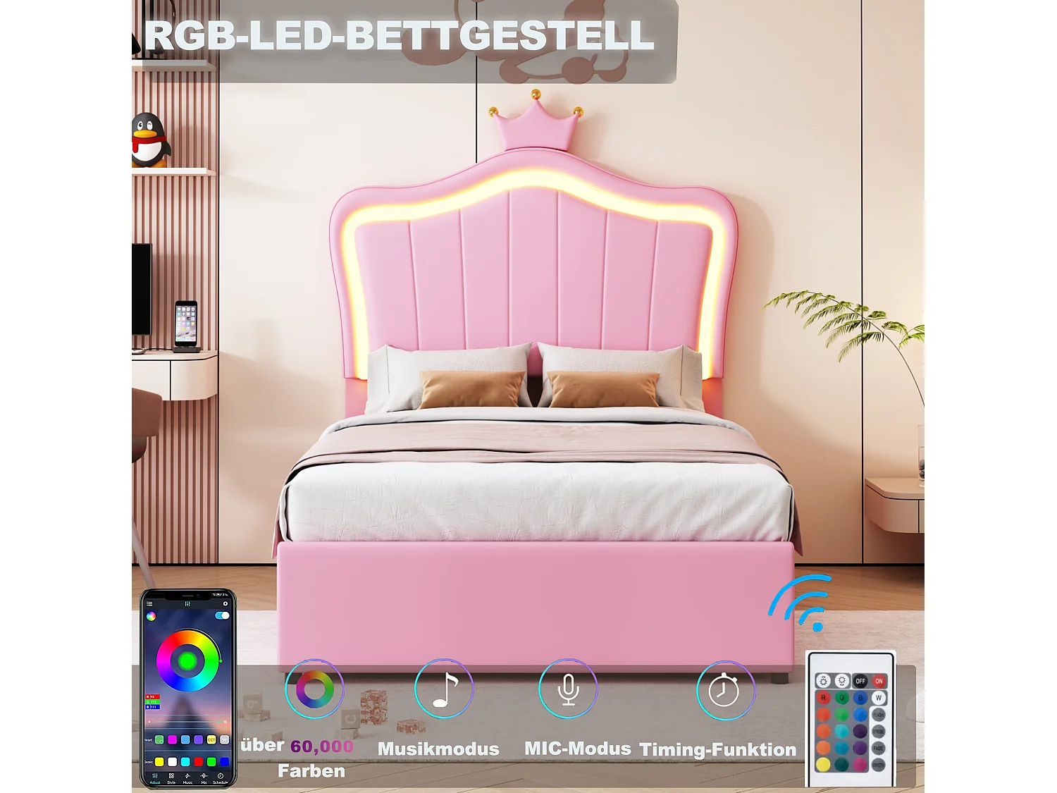 Cama infantil de piel sintética de 90 x 200 cm, diseño de corona, compartimento hidráulico, cabecero regulable, iluminación LED, color rosa (203,5 x 90 x 120,5 cm)