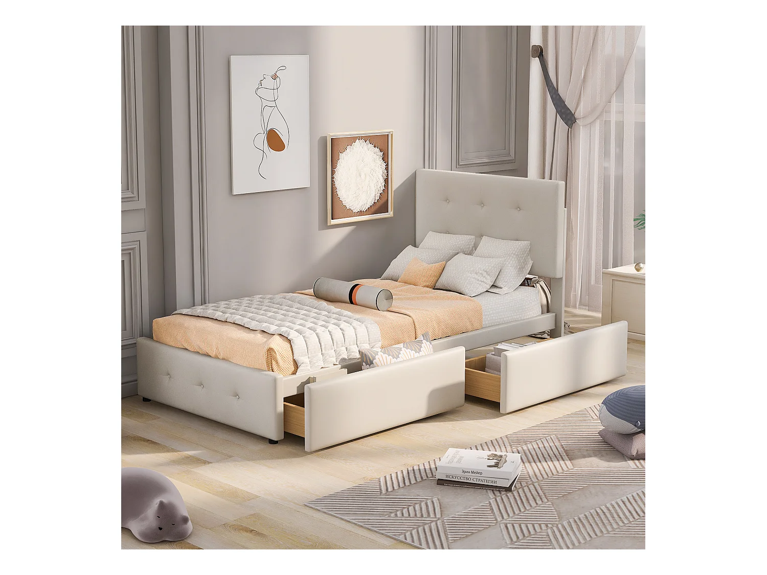 Lit 90x200cm avec tiroirs, sommier à lattes et tête réglable, velours beige doux (210x99x106cm)