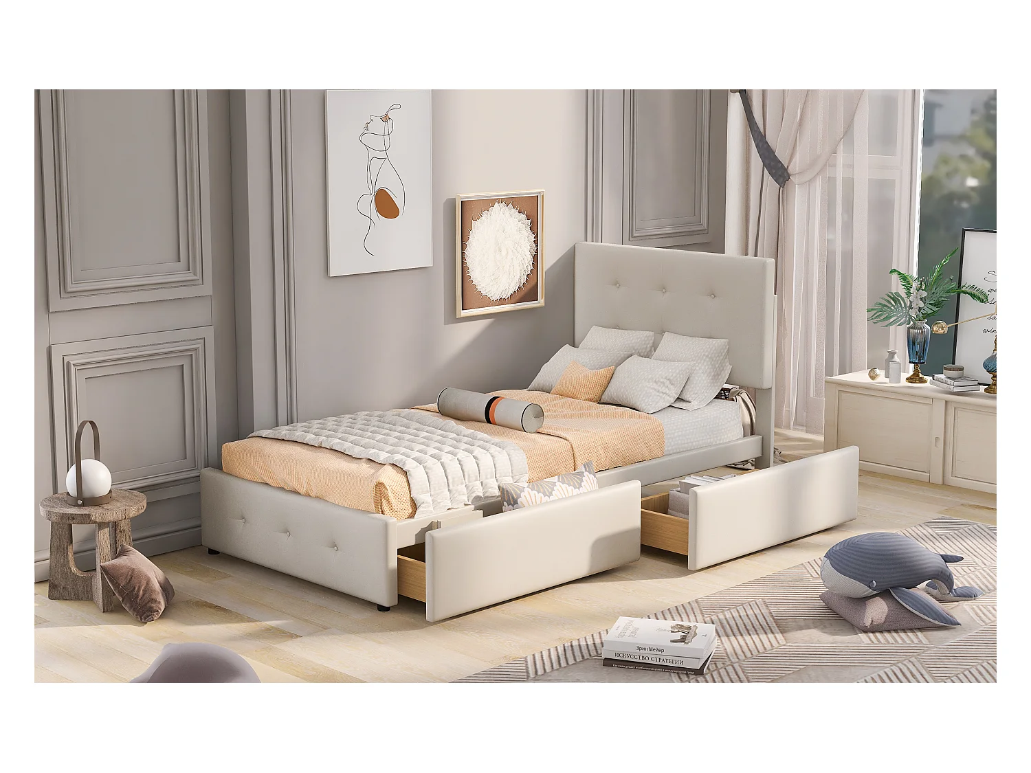 Lit 90x200cm avec tiroirs, sommier à lattes et tête réglable, velours beige doux (210x99x106cm)