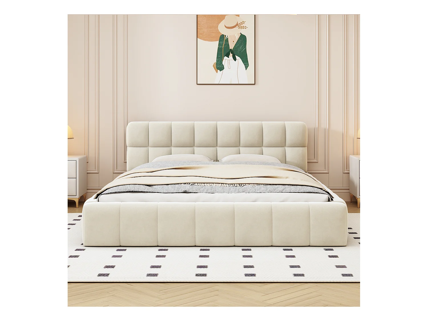 Lit double 140 x 190 cm, lit avec tête de lit rembourrée, encadrement rembourré, tissu lin beige (207.5x155x65.8 cm)