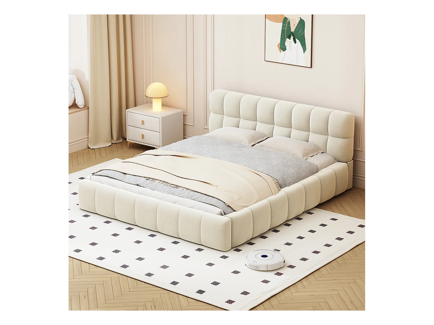 Lit double 140 x 190 cm, lit avec tête de lit rembourrée, encadrement rembourré, tissu lin beige (207.5x155x65.8 cm)