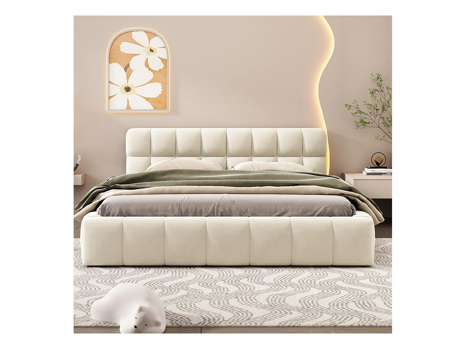 Lit double 140 x 190 cm, lit avec tête de lit rembourrée, encadrement rembourré, tissu lin beige (207.5x155x65.8 cm)