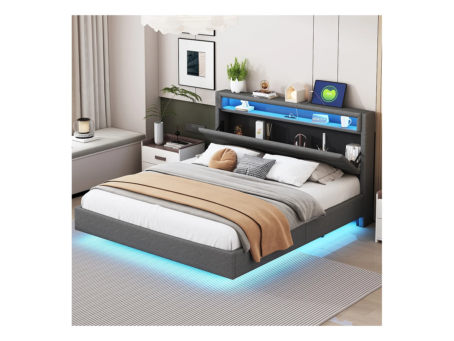 Lit tapissé 160x200 cm, tête de lit réversible avec prise USB et éclairage LED, pieds cachés, tissu lin gris (201x161x108 cm)