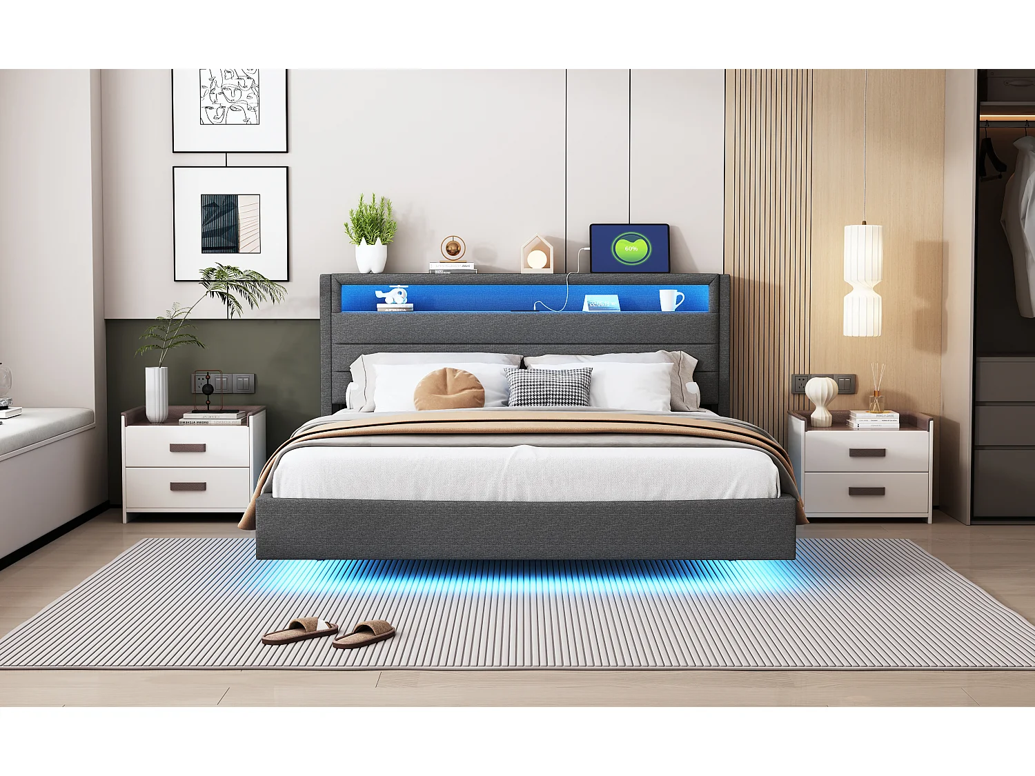 Lit tapissé 160x200 cm, tête de lit réversible avec prise USB et éclairage LED, pieds cachés, tissu lin gris (201x161x108 cm)