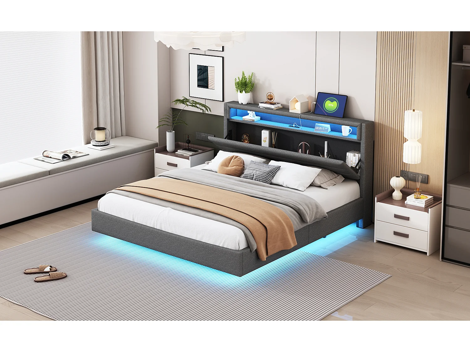 Letto imbottito 160x200 cm, testiera reversibile con porta USB e illuminazione LED, piedini nascosti, tessuto in lino grigio (201x161x108 cm)