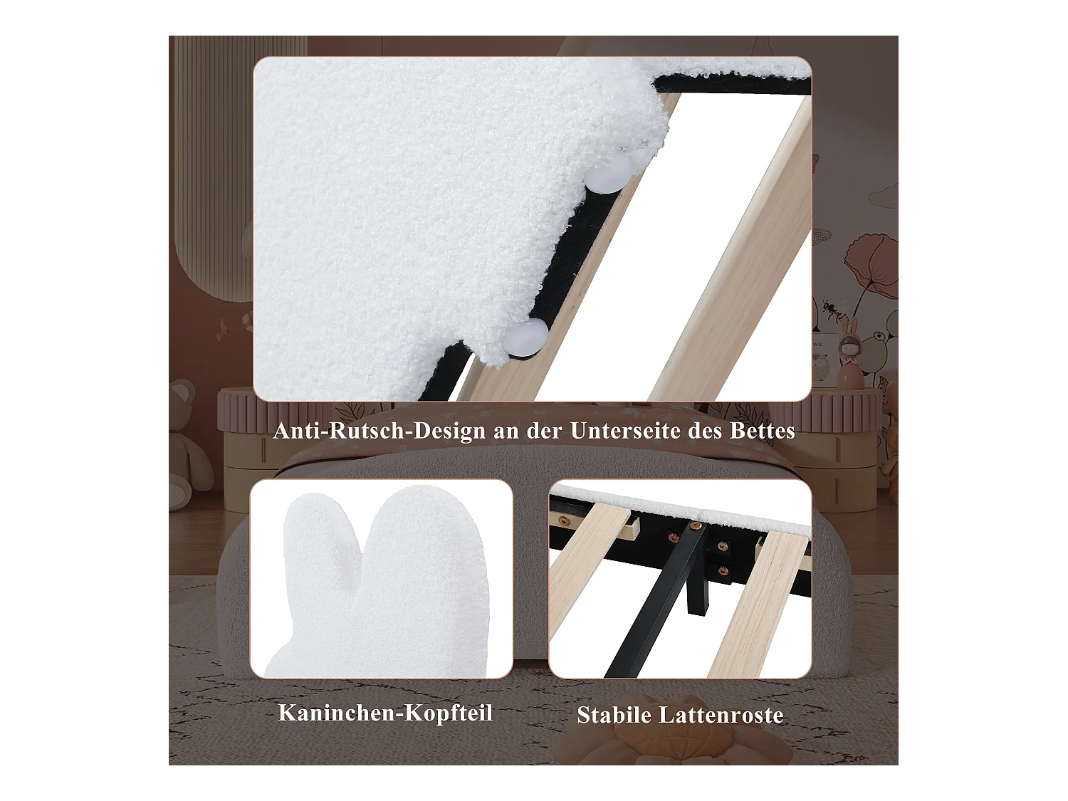 Letto singolo imbottito con testiera a forma di orecchie di coniglio, motivo cartoon, velluto, bianco (208x91,5x106,5 cm)