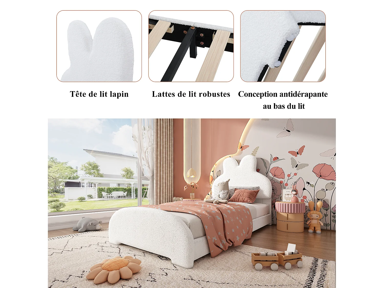 Letto singolo imbottito con testiera a forma di orecchie di coniglio, motivo cartoon, velluto, bianco (208x91,5x106,5 cm)