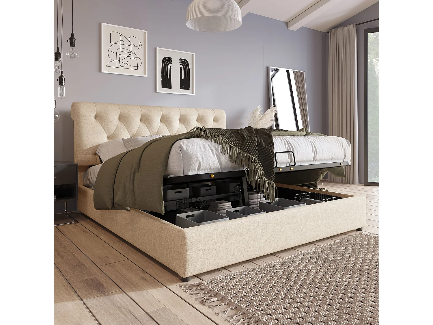 Lit double avec coffre hydraulique, tête de lit réglable, lin naturel, cadre métallique, rangement intégré (212x168x112cm)