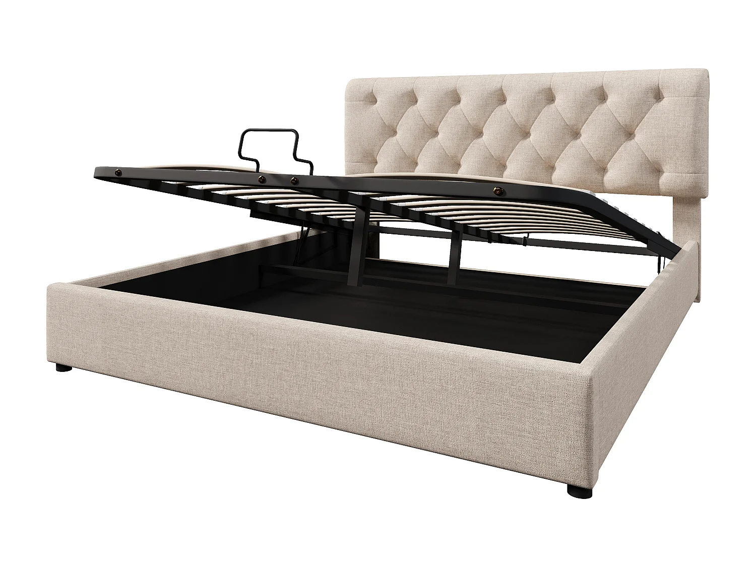 Lit double avec coffre hydraulique, tête de lit réglable, lin naturel, cadre métallique, rangement intégré (212x168x112cm)