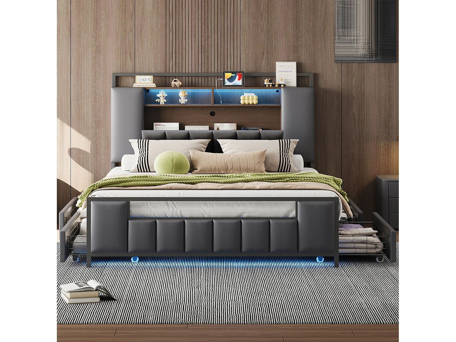 Lit tapissier multifonctionnel avec LED, prise USB, tiroirs, cadre en métal, simili cuir gris (219x140x120 cm)