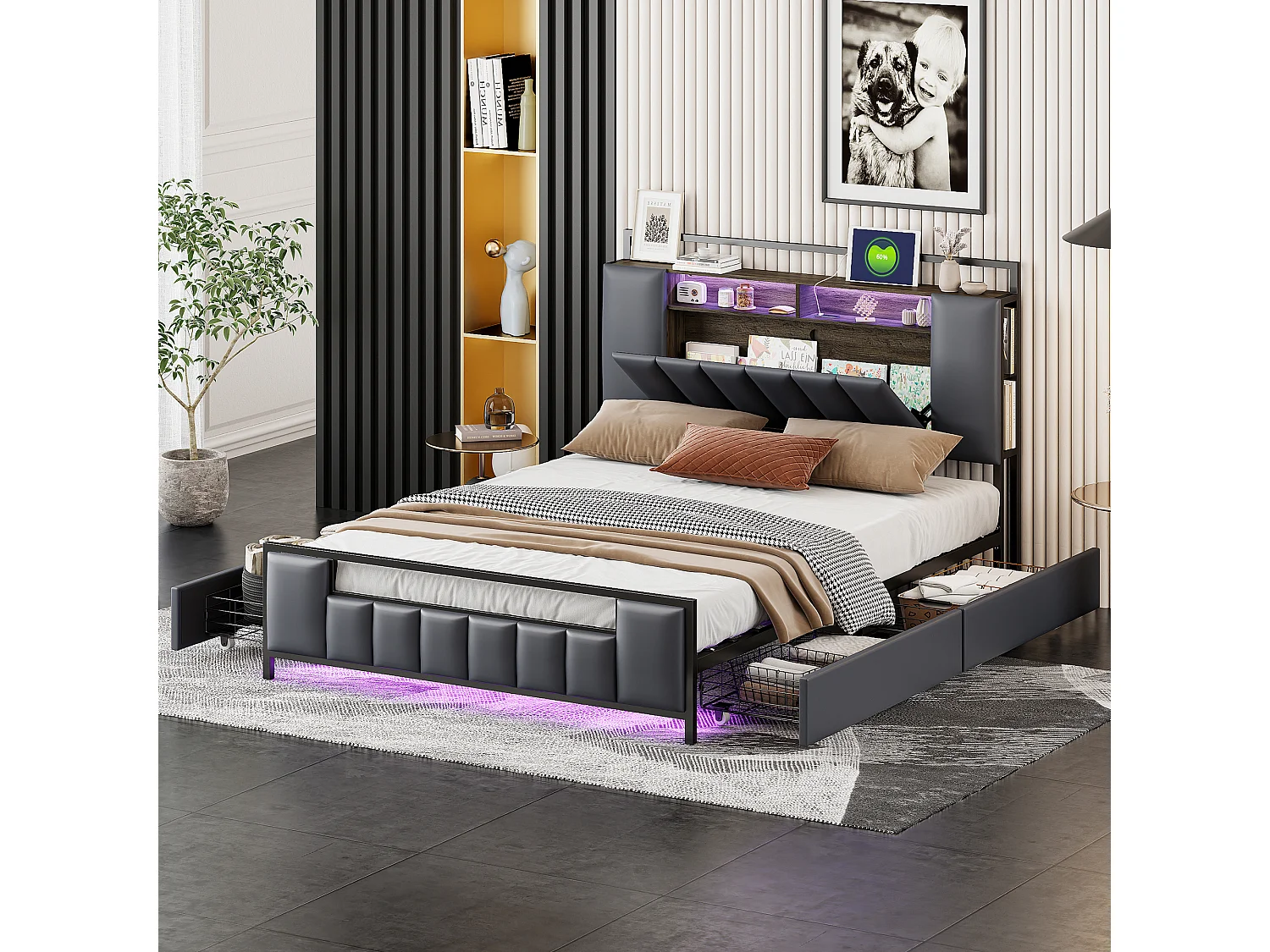 Lit tapissier multifonctionnel avec LED, prise USB, tiroirs, cadre en métal, simili cuir gris (219x140x120 cm)