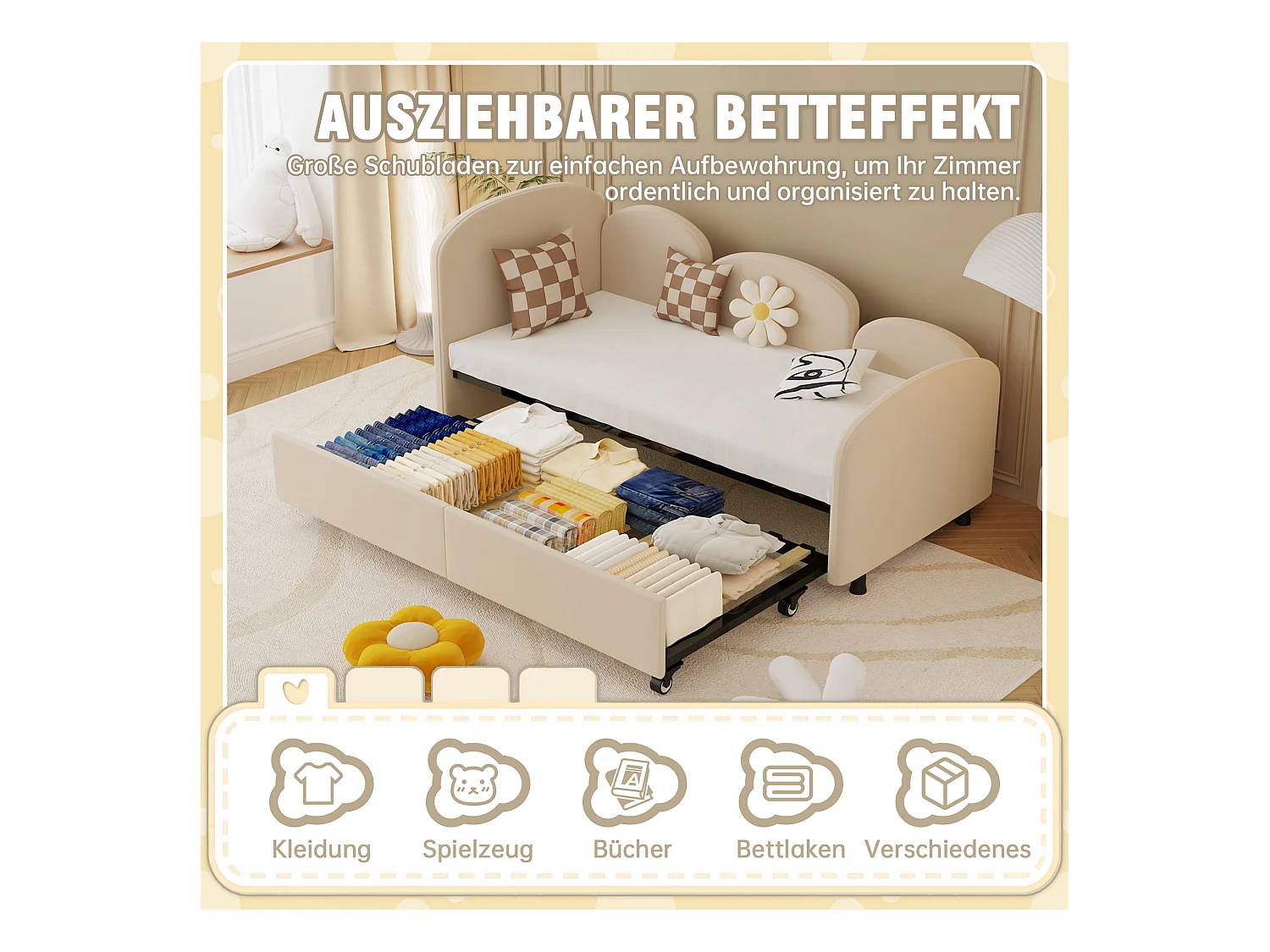 Lit enfant avec tiroir de rangement, design floral, velours, 90x200 cm (207.5x98.5x82.9 cm)