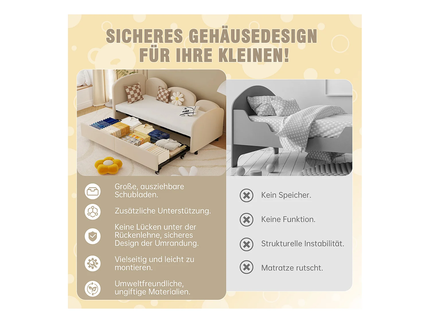 Lit enfant avec tiroir de rangement, design floral, velours, 90x200 cm (207.5x98.5x82.9 cm)