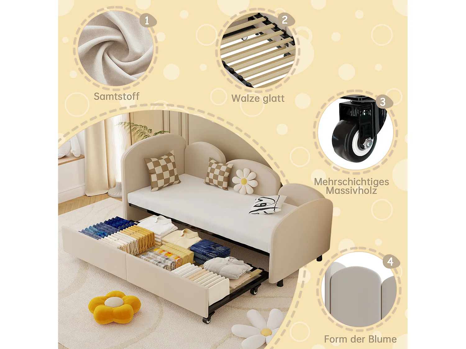 Lit enfant avec tiroir de rangement, design floral, velours, 90x200 cm (207.5x98.5x82.9 cm)