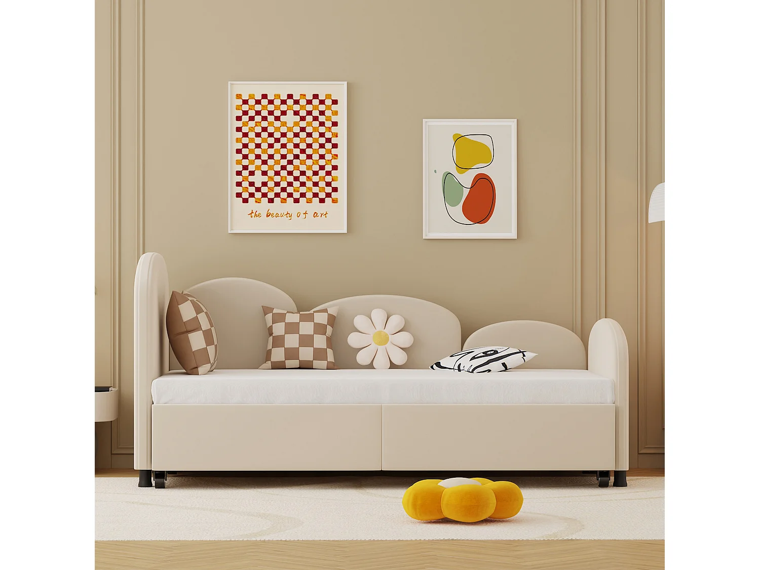 Lit enfant avec tiroir de rangement, design floral, velours, 90x200 cm (207.5x98.5x82.9 cm)