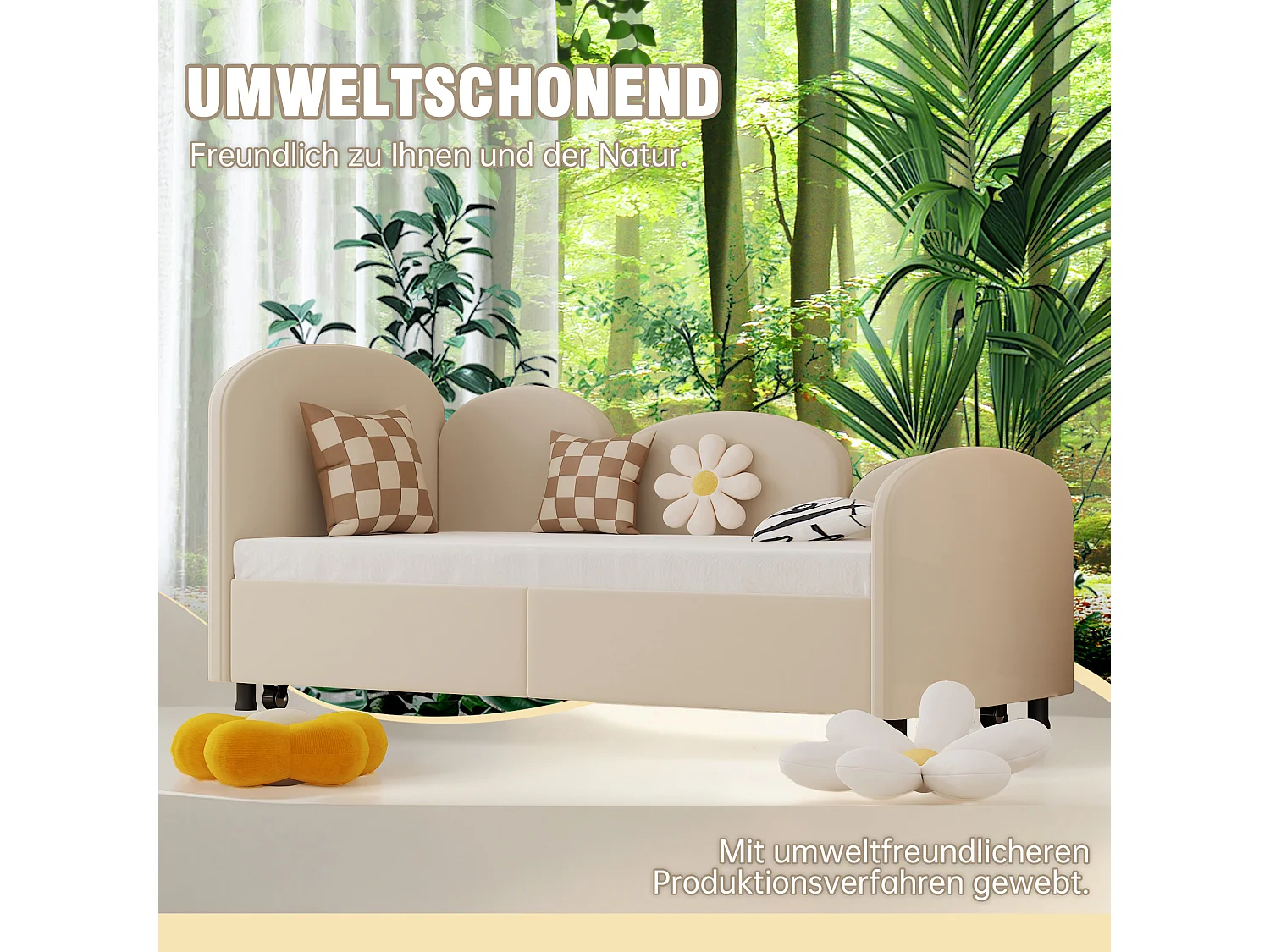 Lit enfant avec tiroir de rangement, design floral, velours, 90x200 cm (207.5x98.5x82.9 cm)