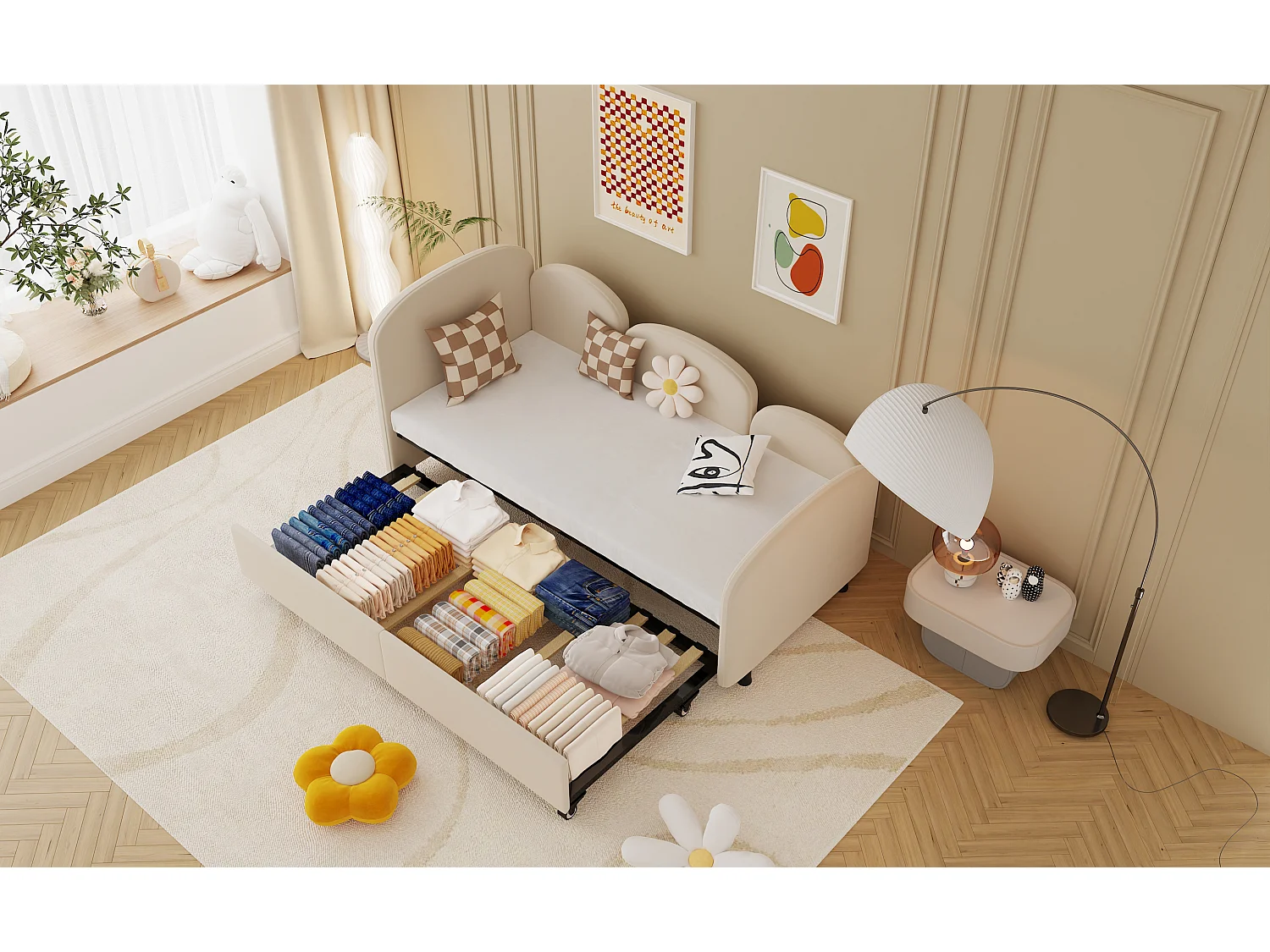 Lit enfant avec tiroir de rangement, design floral, velours, 90x200 cm (207.5x98.5x82.9 cm)
