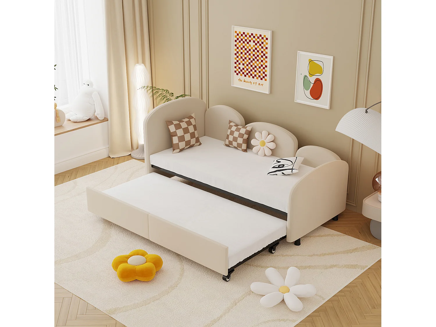 Lit enfant avec tiroir de rangement, design floral, velours, 90x200 cm (207.5x98.5x82.9 cm)