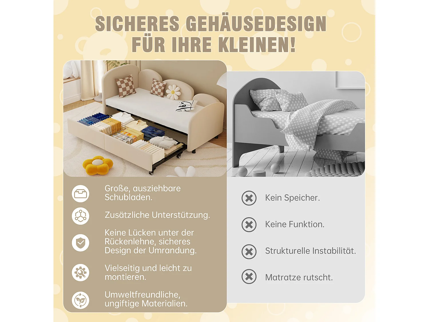 Lit enfant avec tiroir de rangement, design floral, velours, 90x200 cm (207.5x98.5x82.9 cm)