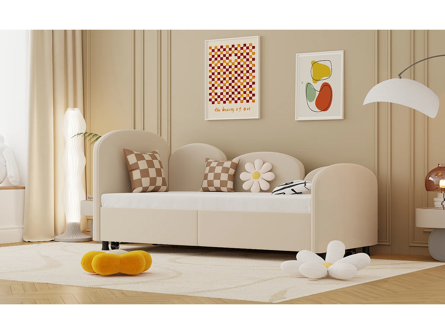 Lit enfant avec tiroir de rangement, design floral, velours, 90x200 cm (207.5x98.5x82.9 cm)
