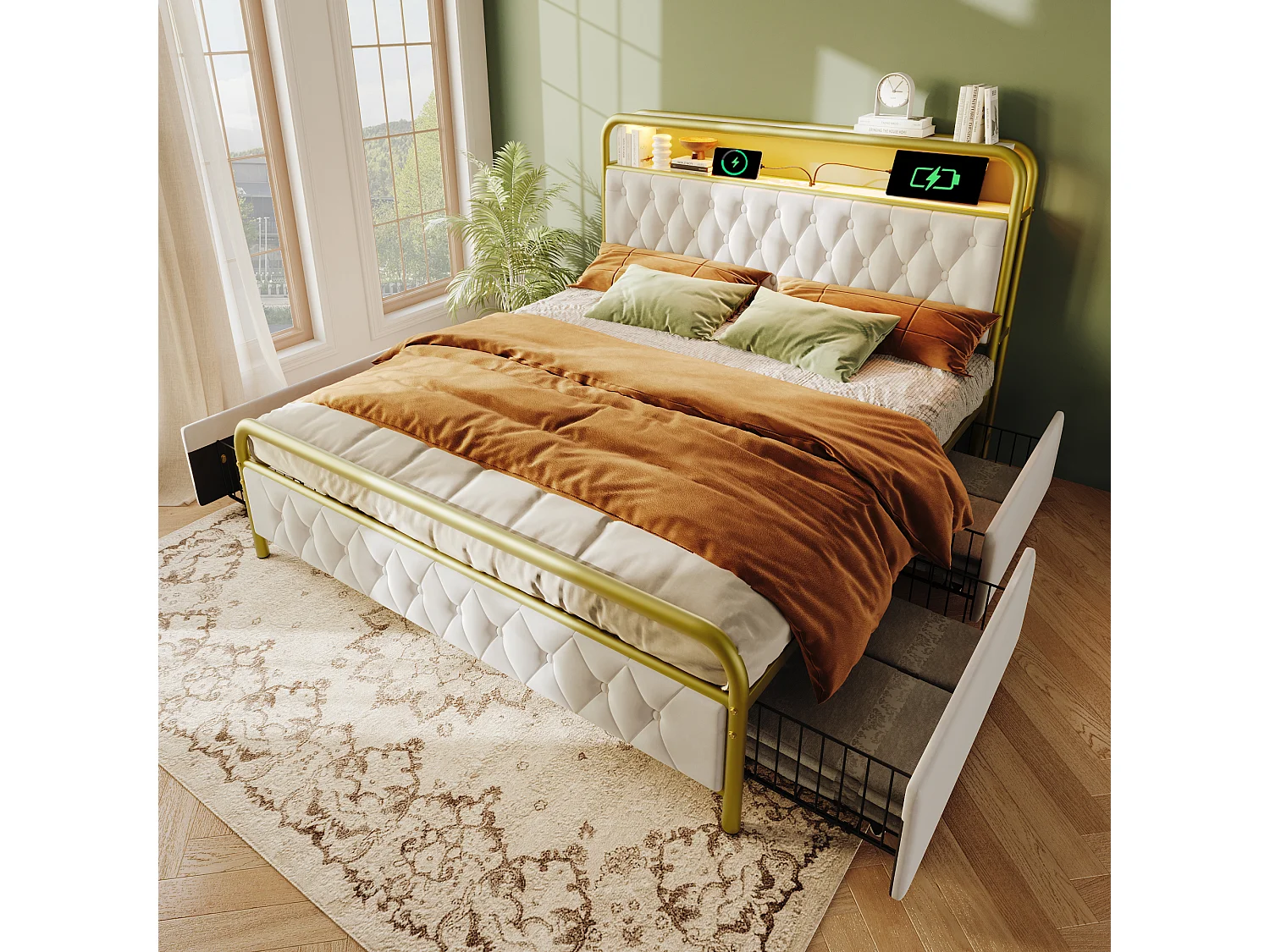 Letto matrimoniale 160×200 cm con LED, porte USB Type C, struttura in metallo, 4 cassetti, velluto grigio (con materasso)