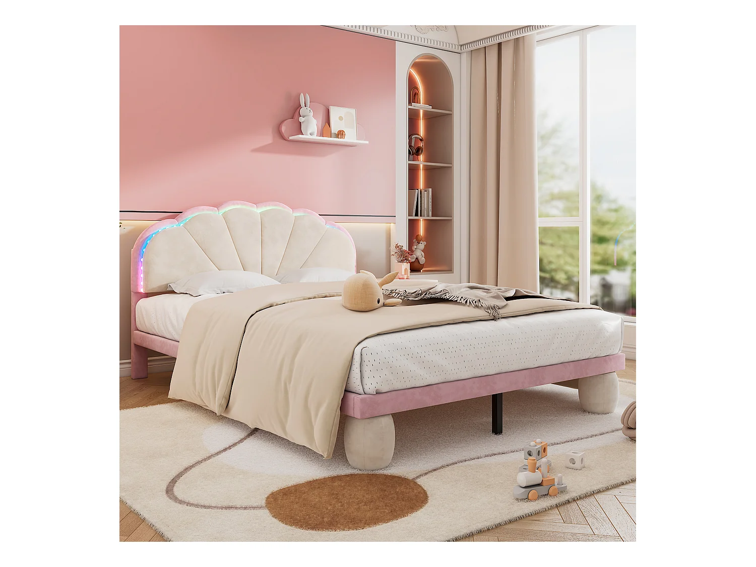 Lit avec lumières multicolores et tête de lit en vagues, velours, beige + rose, 140x200 cm (208.5x148.5x92 cm)