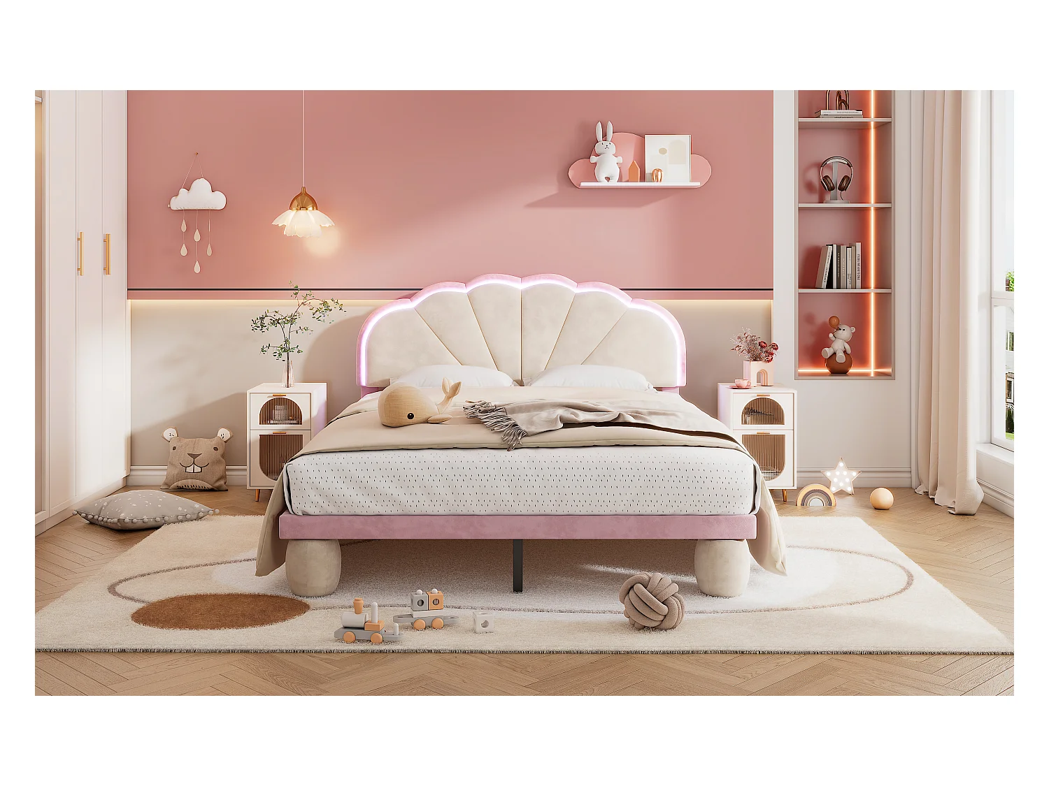 Lit avec lumières multicolores et tête de lit en vagues, velours, beige + rose, 140x200 cm (208.5x148.5x92 cm)