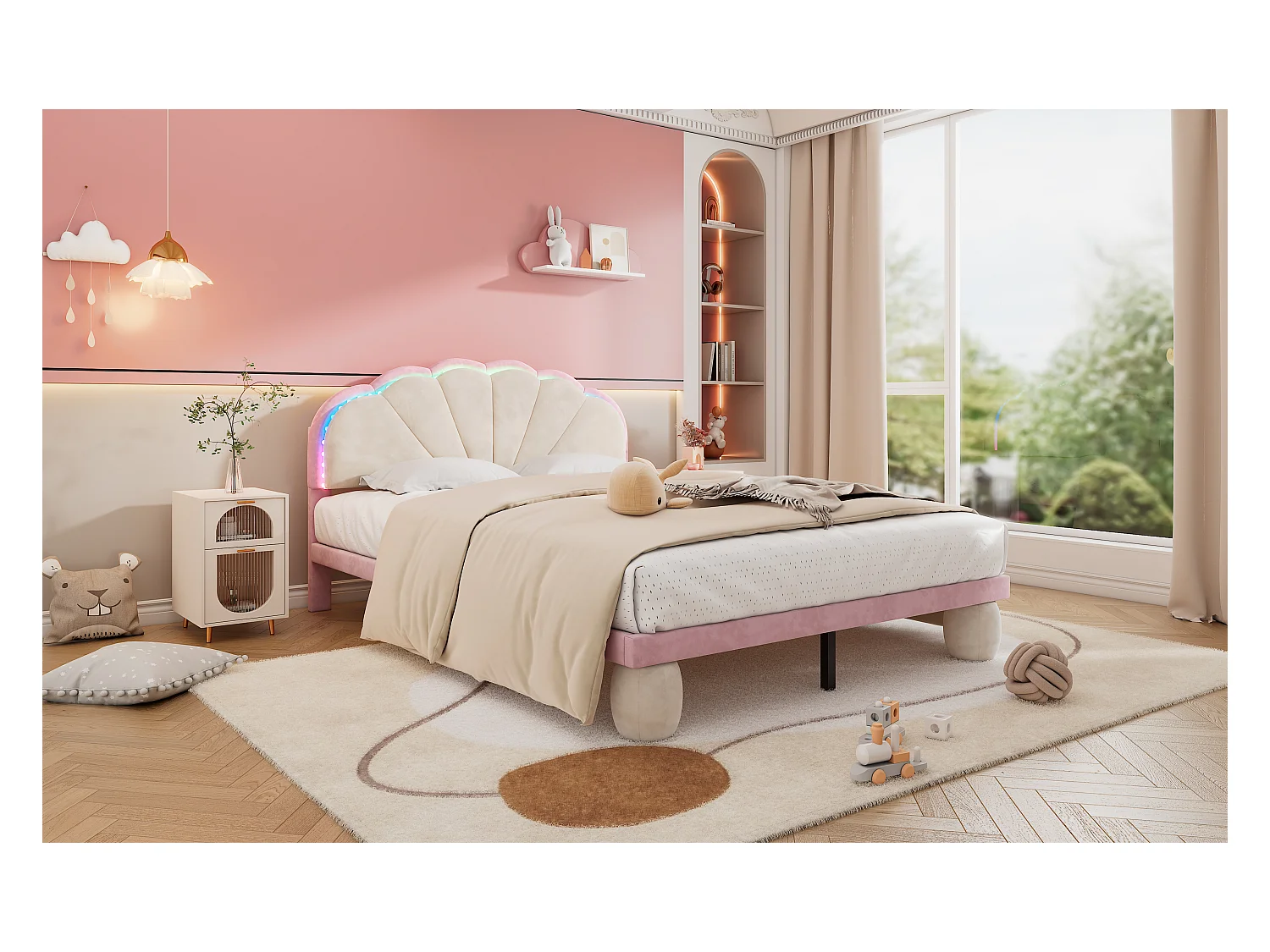 Lit avec lumières multicolores et tête de lit en vagues, velours, beige + rose, 140x200 cm (208.5x148.5x92 cm)