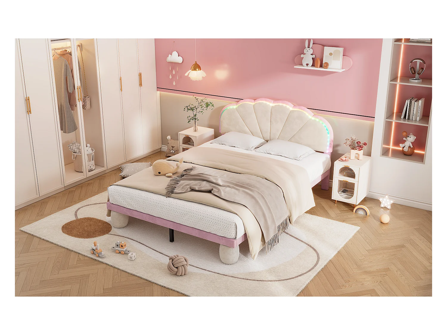 Lit avec lumières multicolores et tête de lit en vagues, velours, beige + rose, 140x200 cm (208.5x148.5x92 cm)