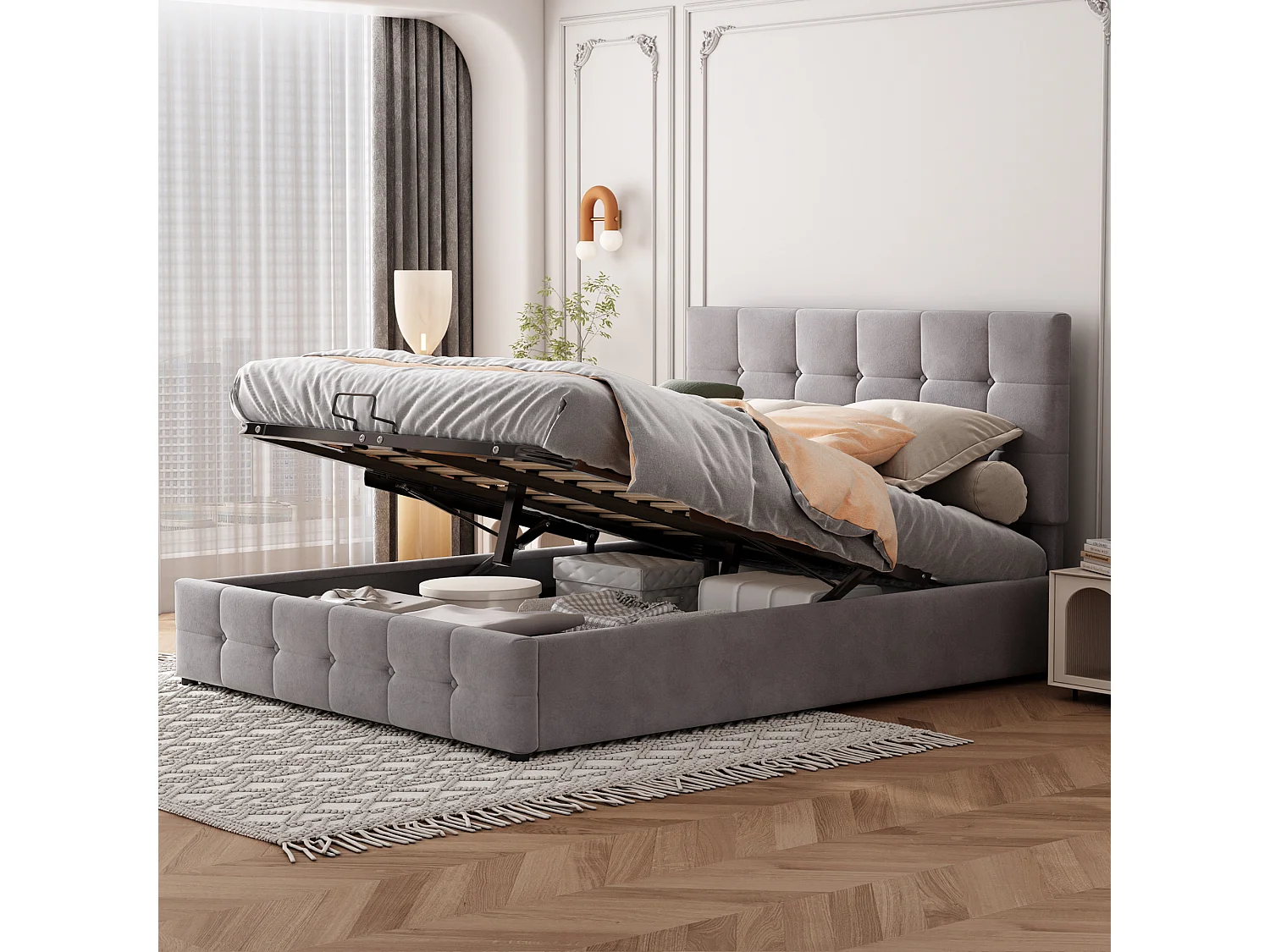 Letto 140x200cm con contenitore idraulico, testiera regolabile, base in metallo, velluto grigio (203x140x106cm)