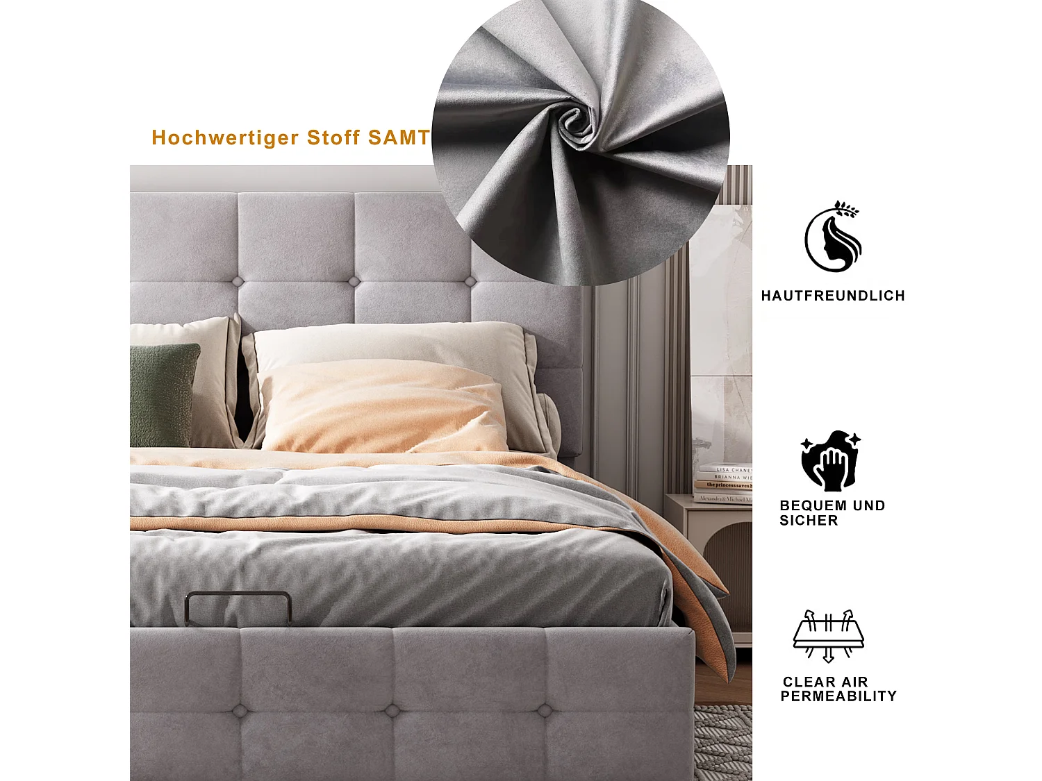 Letto 140x200cm con contenitore idraulico, testiera regolabile, base in metallo, velluto grigio (203x140x106cm)