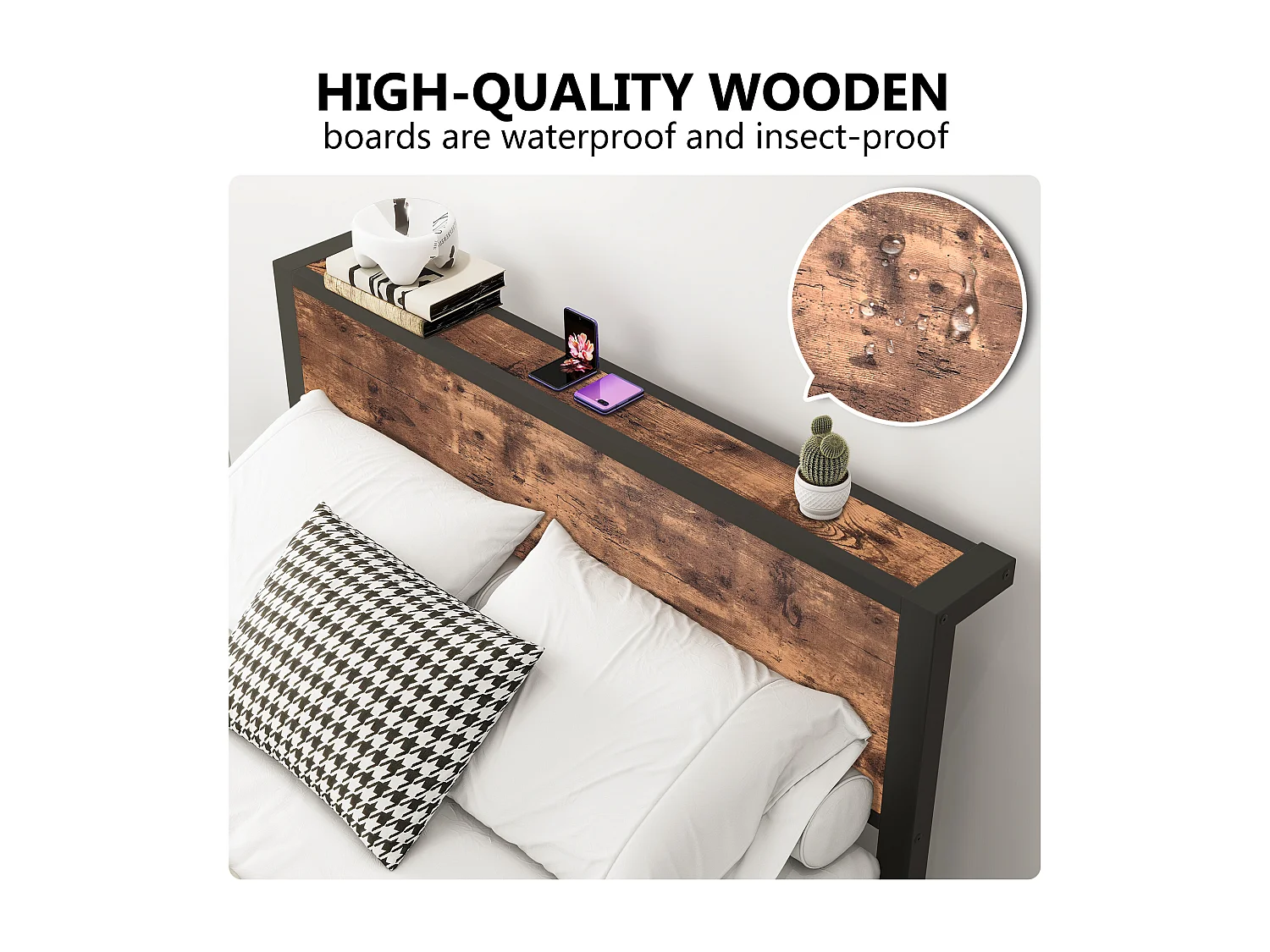 Metalen platformbed met opberghoofdeinde, vintage bruin, zonder boxspring, 140x200 cm